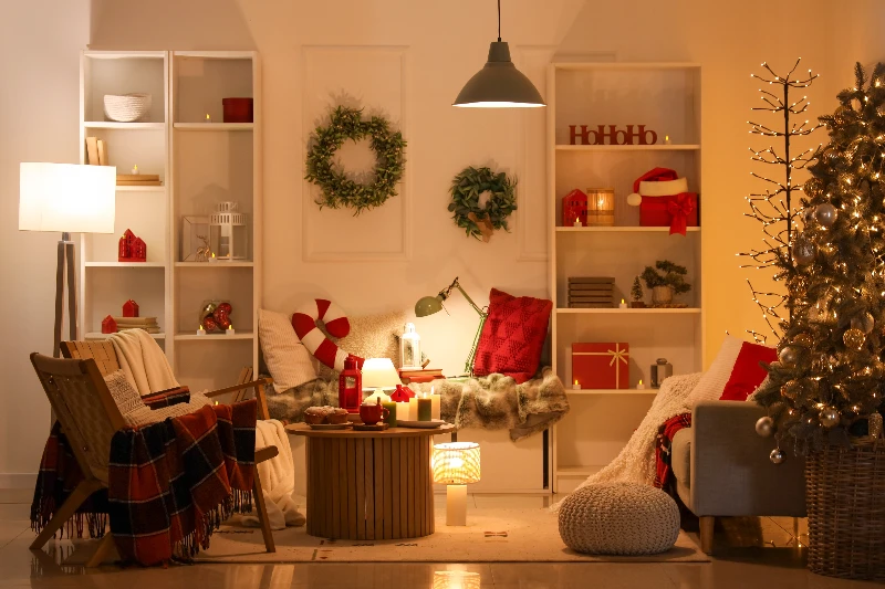 Blog 10 Interior of a dark living room with Christmas tree and sofa